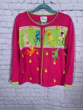 The Quacker Factory Women VTG Cardigan Pink Embroidered Monkey Sweater M Teacher